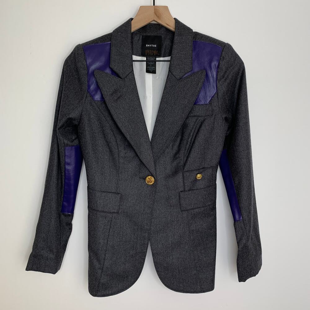 Smythe Tailored Blazer Charcoal Wool Blazer Purple Contrast Panels Womens 2 - Picture 3 of 16